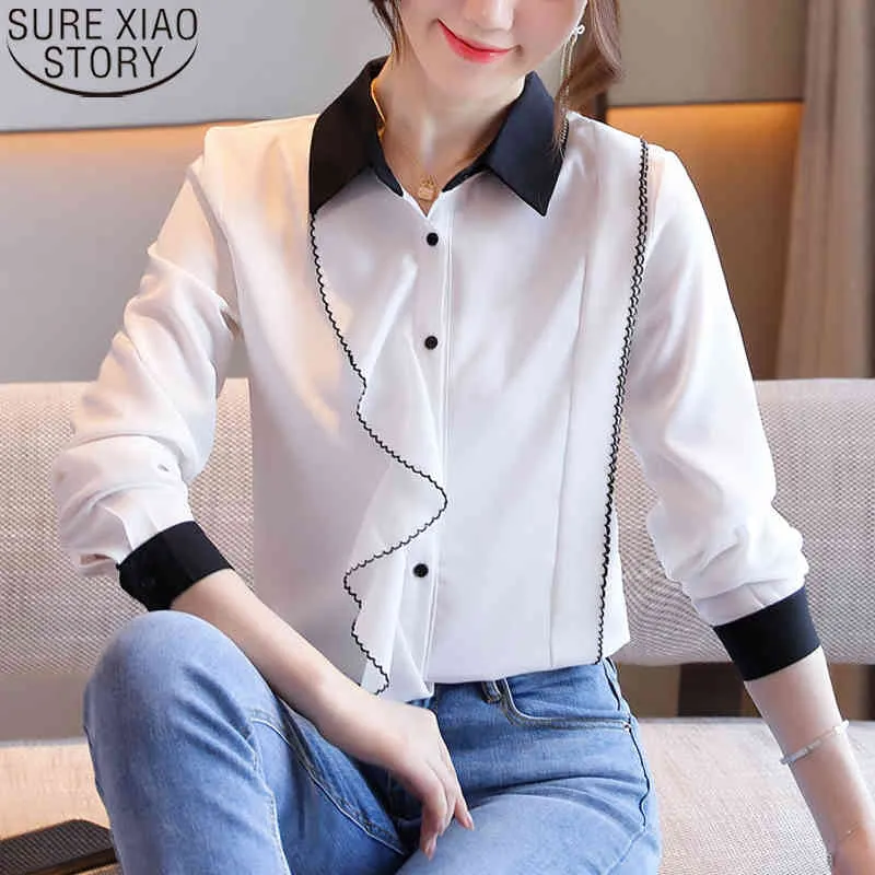 Solid Ruches Herfst Wit Chiffon Shirts Dames Tops Mode Lange Mouwen Shirt Cardigan Polo Collar Blouse Blusas 10961 210508