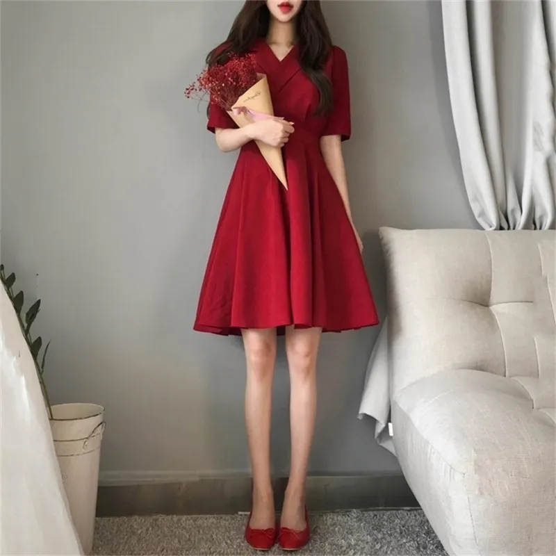 Plus size women's summer red fat body cover slimming dress Zippers Knee-Length V-Neck Office Lady Polyester 210416