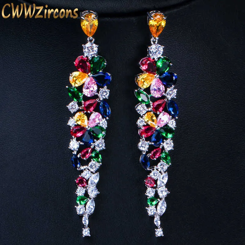 Multi colore a forma di fiore dichiarazione cubic zirconia lunghi orecchini pendenti moda gioielli da sposa festa nuziale CZ422 210714