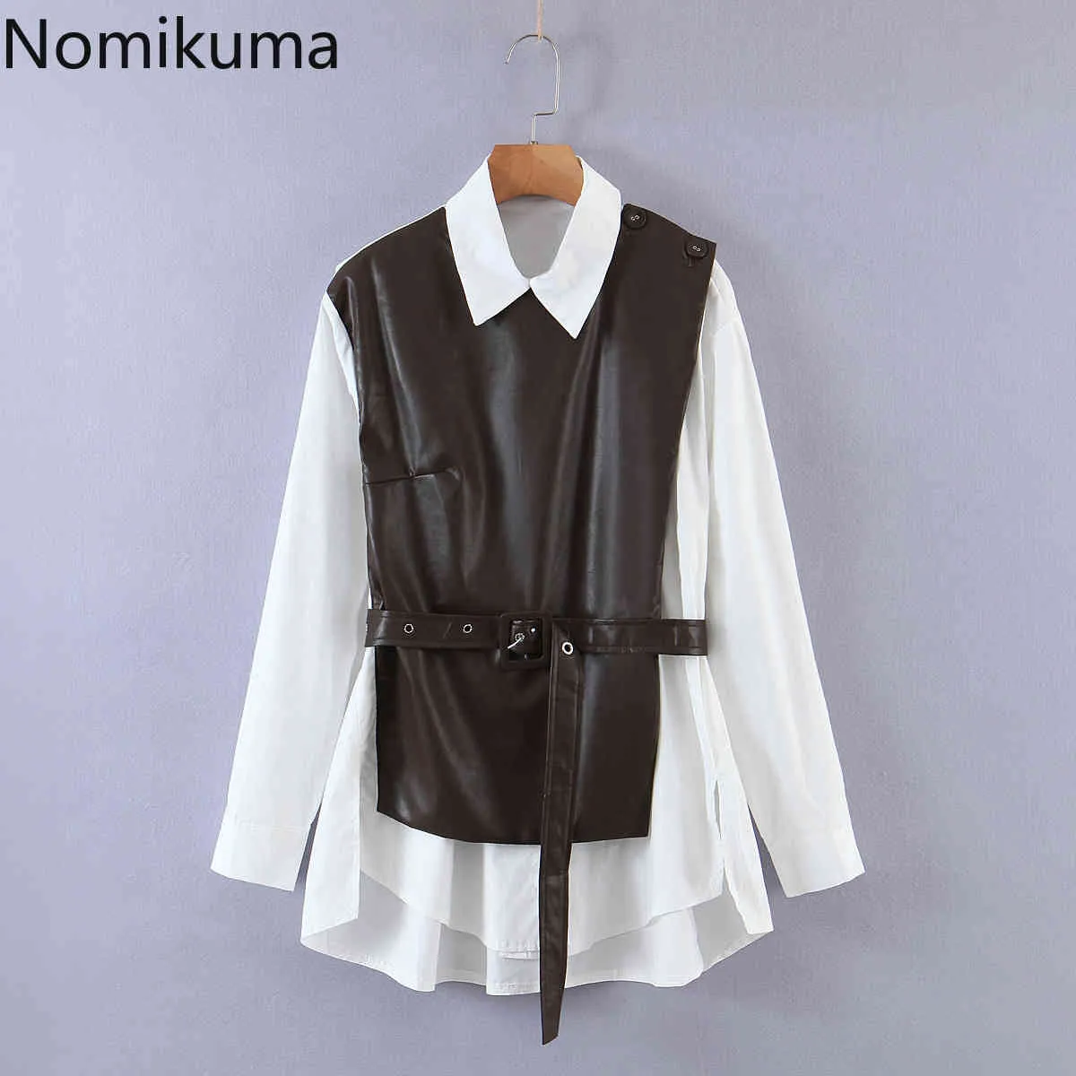 NOMikuma PU кожаные лоскутные женщины блузка разворотный воротник поддельных 2 шт. Рубашка осенью стрит тонкий талия лучших блюса 6d048 210427