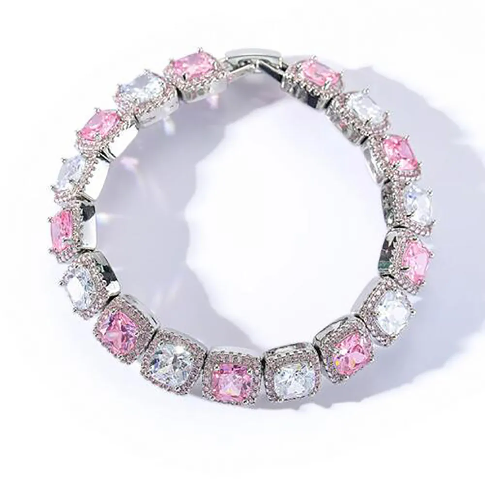 14 carats Blanc Rose Cluster Tennis Lien Chaîne Bracelet Réel Solide Glacé Hommes Femmes 10mm Zircon Cubique Pierres Bling Diamant Bracelets 7- 8 pouces