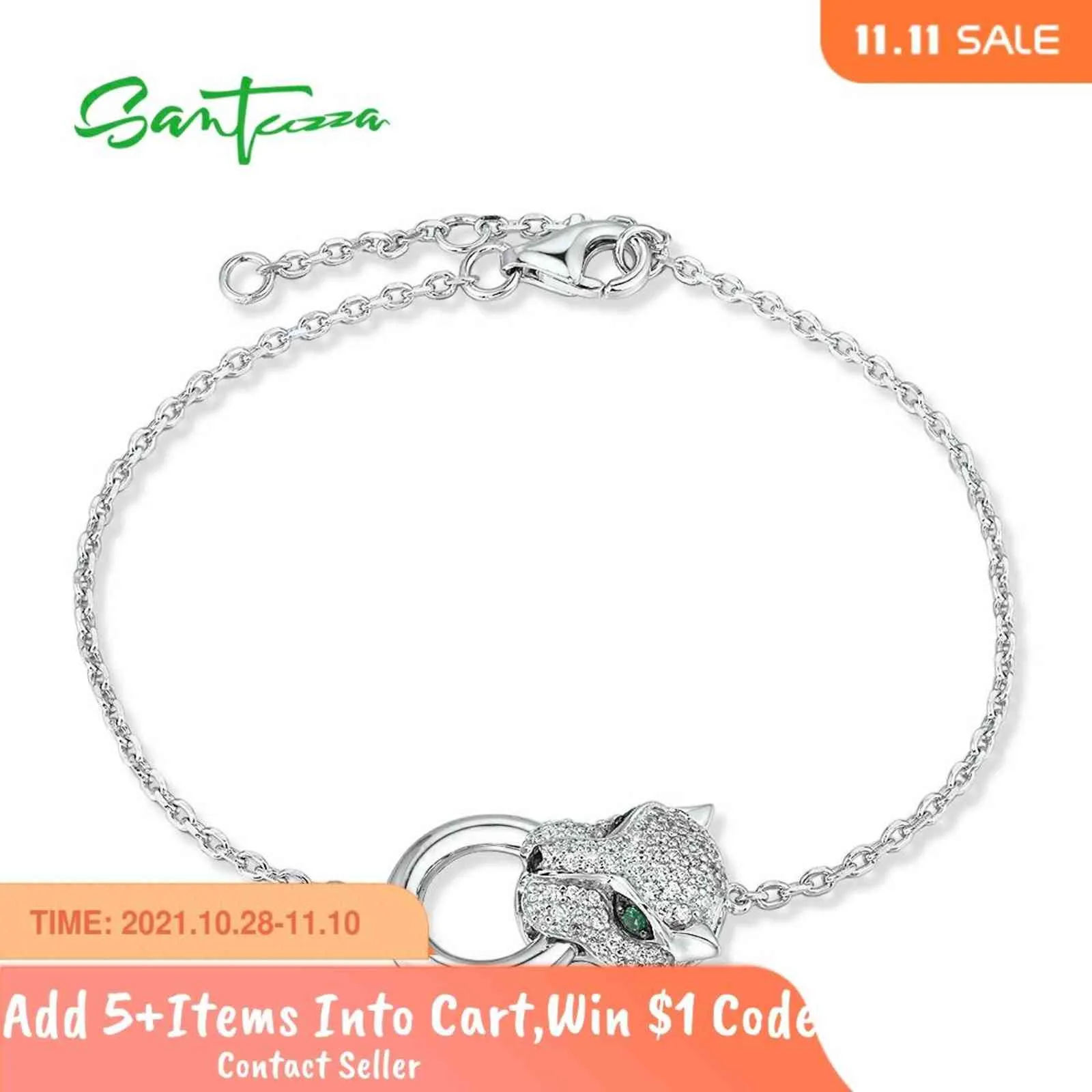 Santuzza 100% 925 Sterling Sier Bracelet Pour Femme Léopard Panthère Vert Noir Spinelle Blanc Zircone Réglable Fine Jewelry