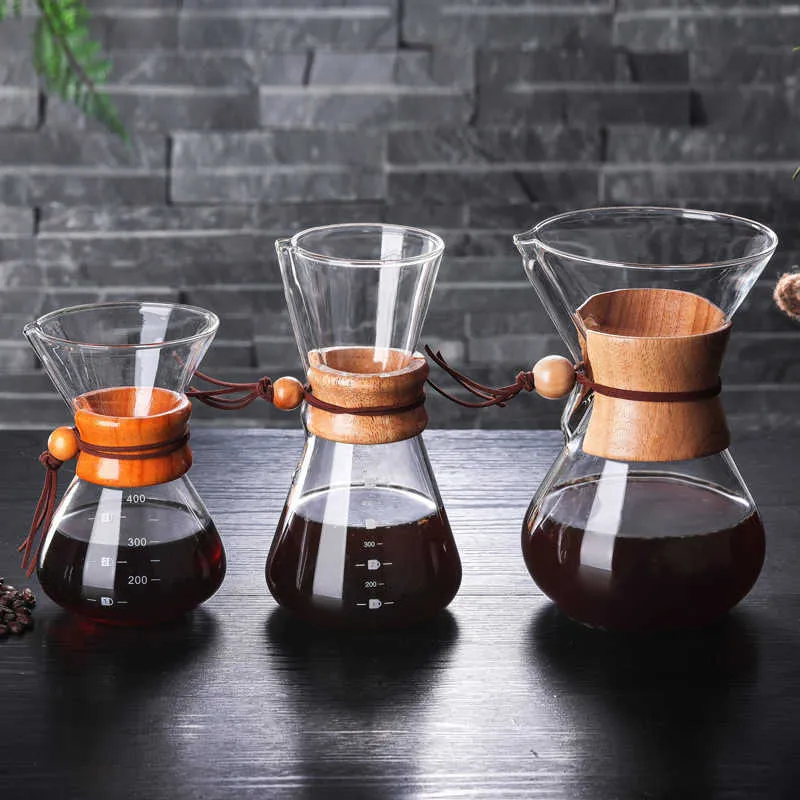 V60 Pot With Stainless Steel Filter High-Temperature Resistant Glass Anti-Scald Wooden Handle Maker Coffee Brewer