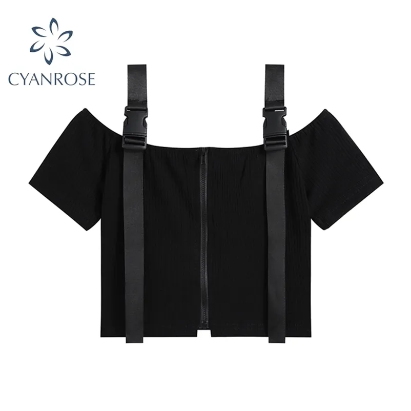 Gothic Black Off Ombro Mulheres Tees Zipper Manga Curta Straps Camiseta Verão Moda Streetwear Causal Feminino Crop Tops 210430