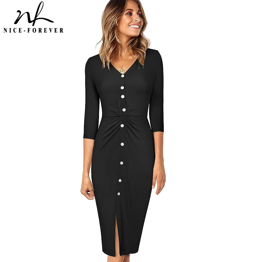 Nice-forever Spring Women Fashion Pure Color Dresses with Button Casual Bodycon Fitted Female Dress B616 210419