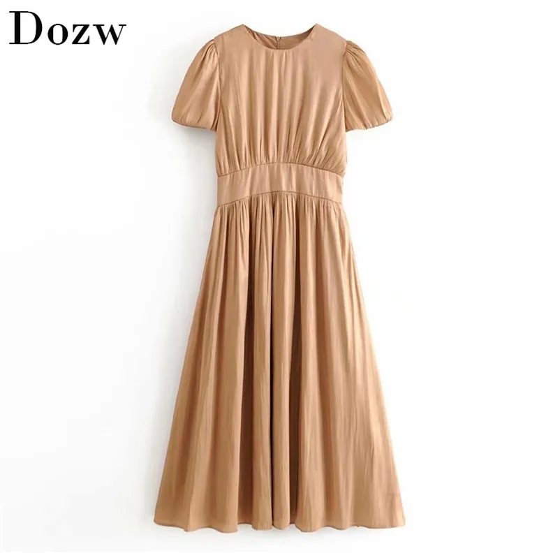 Casual Solide Midi Kleid Frauen Sommer Puff Kurzarm Mode Plissee Weibliche O Neck Lose Hemd Sommerkleid Vestido 210515