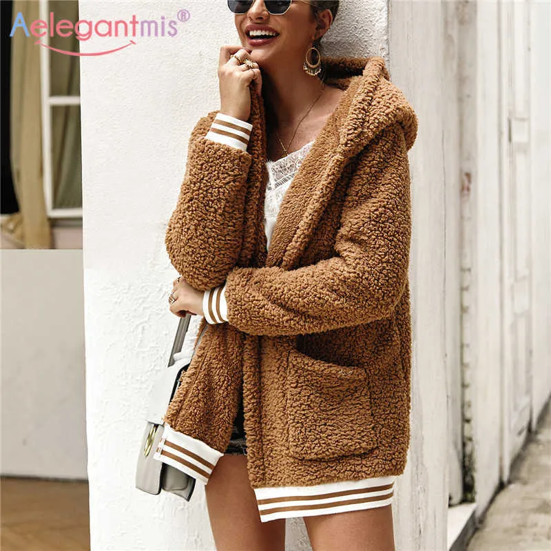 Aelegantmis Design Chic fausse fourrure manteau femmes Shaggy Streetwear femme pardessus automne hiver chaud peluche Teddy décontracté 210607