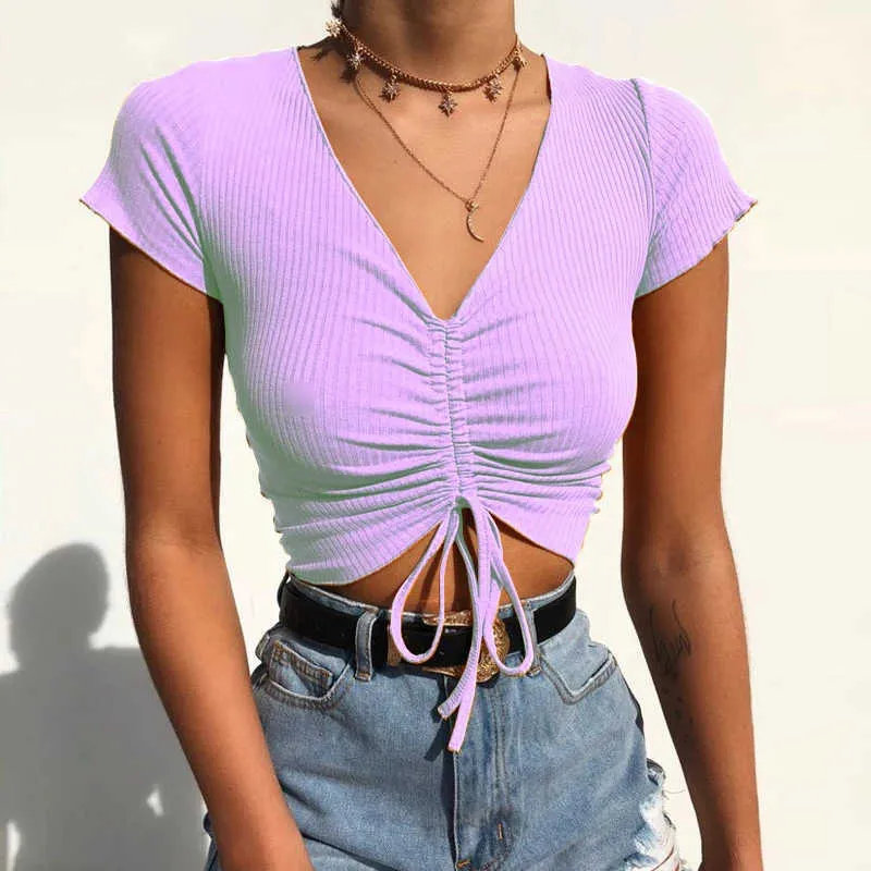 Sexy V Cou Recadrée Débardeurs Femmes Cordon Cravate Avant Camis Bonbons Couleurs Streetwear Slim Fit Côtelé Crop Top 210527