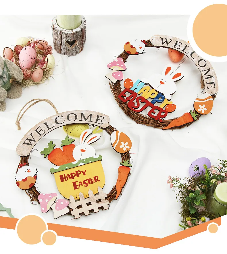 28 cm Wieńce Wielkanocne do Drzwi Front Decor Drewniane Bunny Easter Eggs Garland Wall Wisiorek Szczęśliwy Dekoracje Królik W2