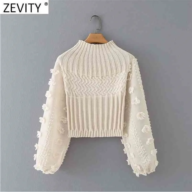 Zevity 여성 패션 아플리케 시폰 랜턴 슬리브 패치 워크 짧은 뜨개질 스웨터 숙녀 세련된 풀오버 탑 S631 210812