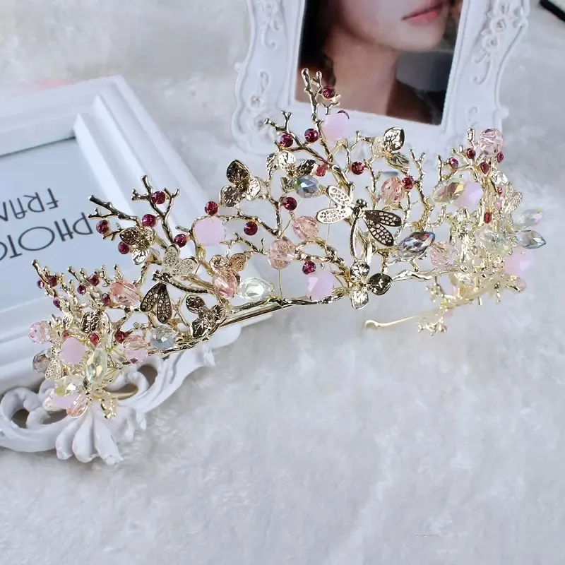 Barock koreanska guldkristall prinsessan brud headpieces kronor och tiaras drottning rhinestone handgjorda bröllopstillbehör prom födelsedagsfest smycken
