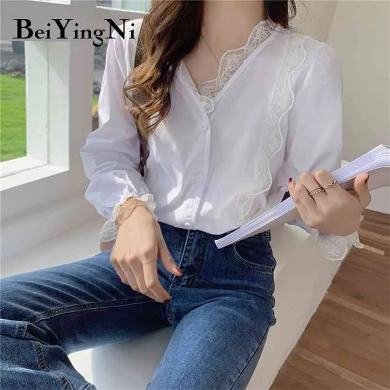 Frau Tops Spitze Patchwork Casual Süße Nette Blusen Frauen Weiß Einfarbig Langarm Shirts Mädchen V-ausschnitt Blusas 210506