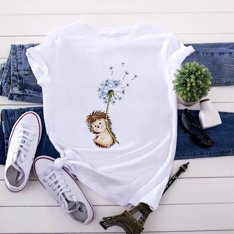여자 티셔츠 슈퍼 kawaii 고슴도치 인쇄 패턴 라운드 넥 편안한 흰색 2021 여름 패션 스트리트웨어 티 탑