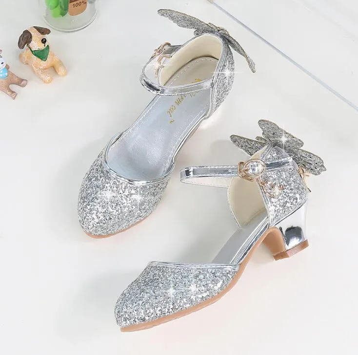 Glitter Princess Shoes for Girls Sparkly Butterfly Knot Heels