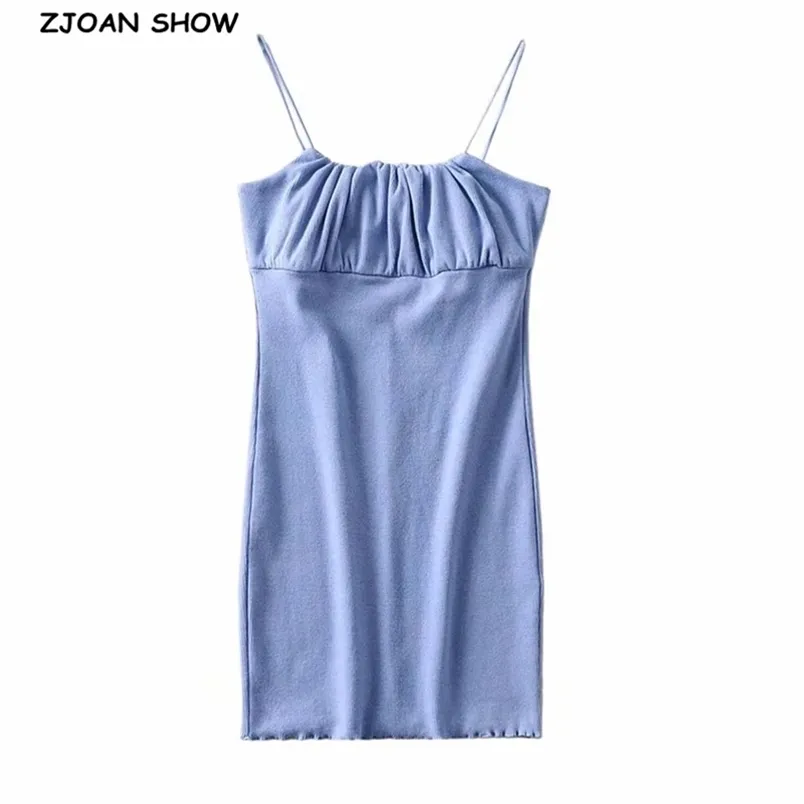 Sexig sommar mode pläterad ruched trä öron Hem Elastisk Slim Backless Spaghetti Strap Mini Klänning Kvinnor 5 godisfärger 210429