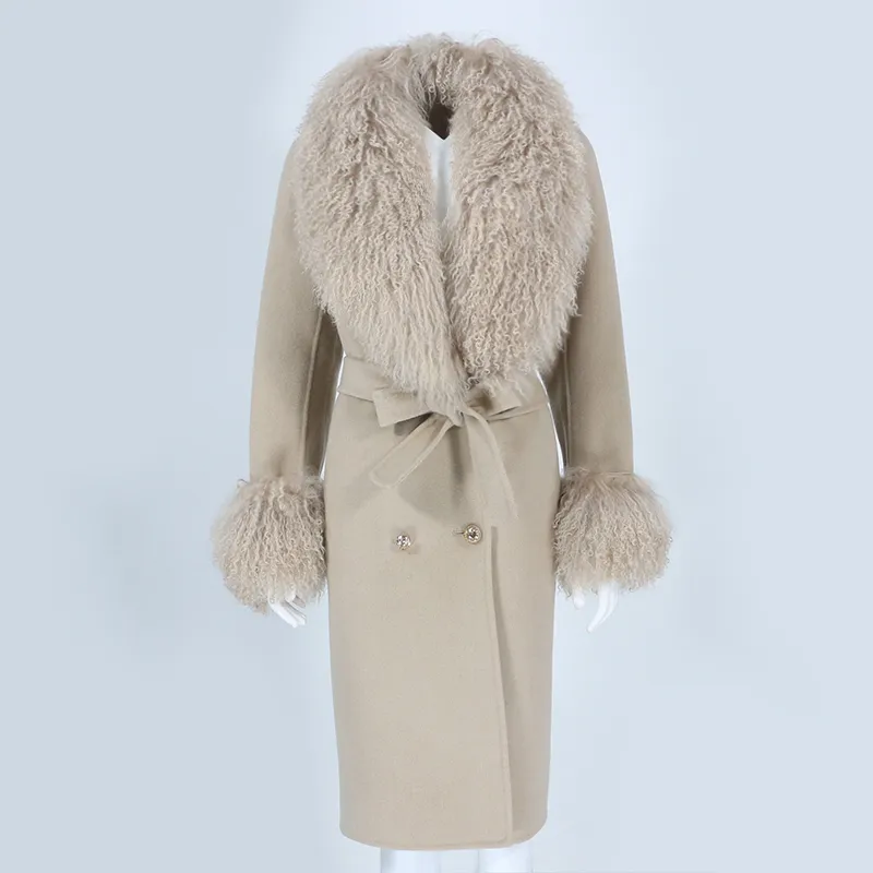 OFTBUY réel manteau de fourrure veste d'hiver femmes naturel mongolie mouton col de fourrure cachemire laine mélanges longs vêtements d'extérieur Streetwear