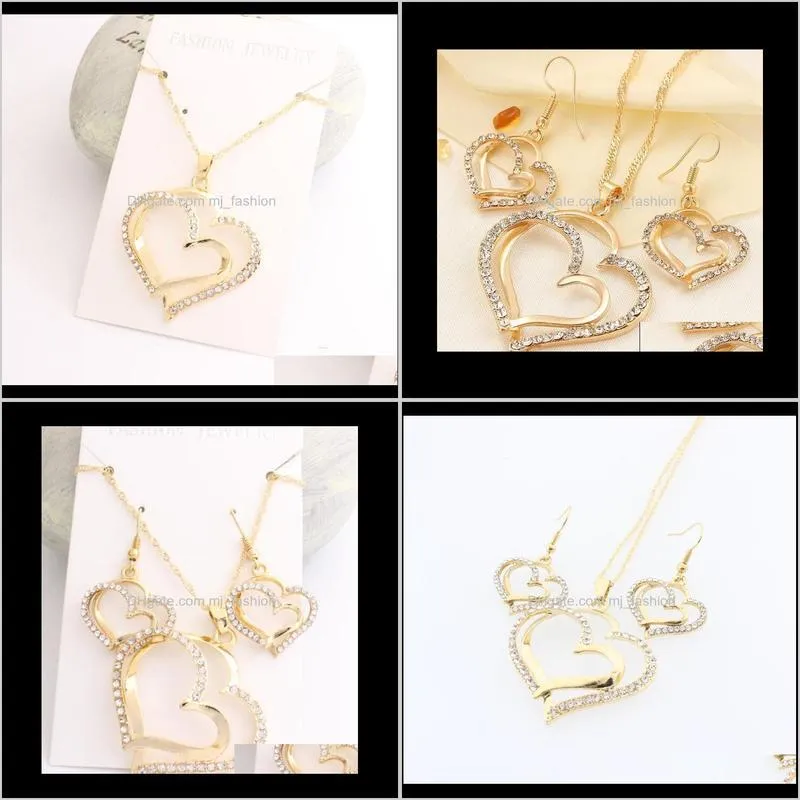 luxury wedding necklace and earring set fashion gold silver crystal charm heart jewelry 1600