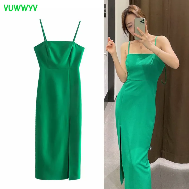 VUWWYV Abito longuette con cinturino sexy senza schienale verde Donna Estate elegante Matita Abiti da sera per feste da donna Abiti con spacco anteriore 210430