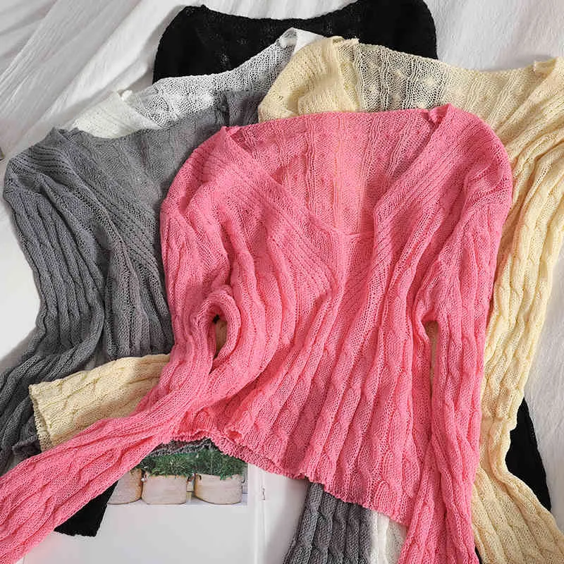 Moda Koreański Swetry V-Neck Cienka Koszula przeciwsłoneczna Topy Kobiet Hollow Hollow Pościel Wzór Dzianiny Sweter Kobiety Wiosna Lato 210420