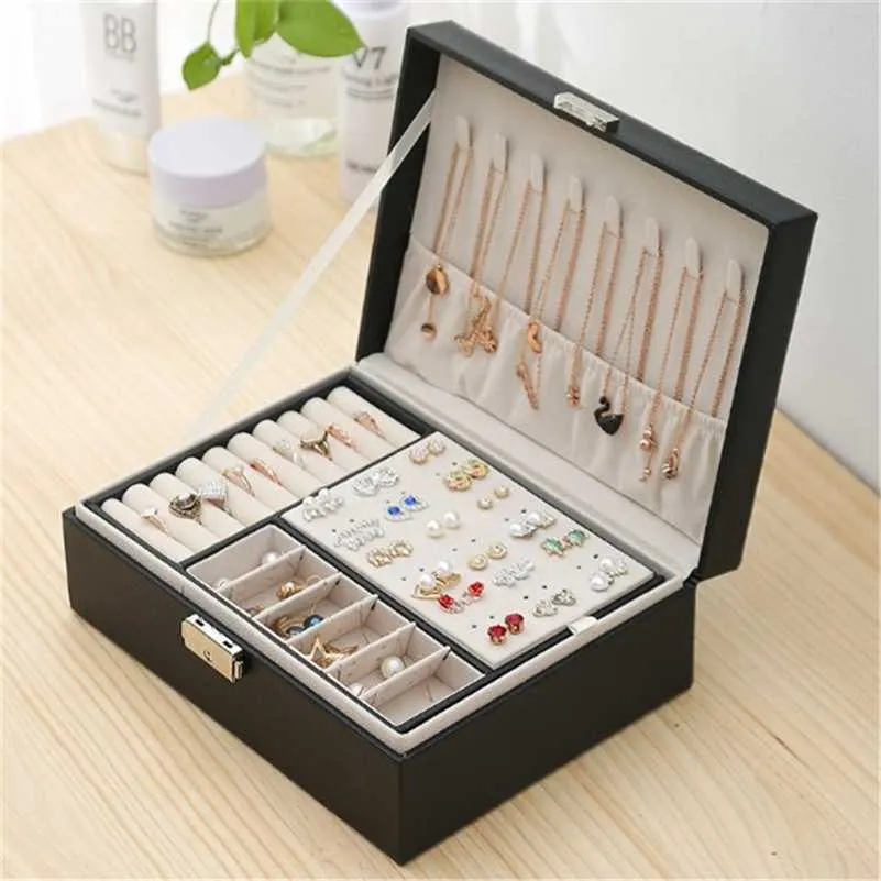 WE Black Green Pink Grey Leather Jewelry Box Travel Jewelry Organizer Multifunction Necklace Earring Ring Storage Box Gifts 211014