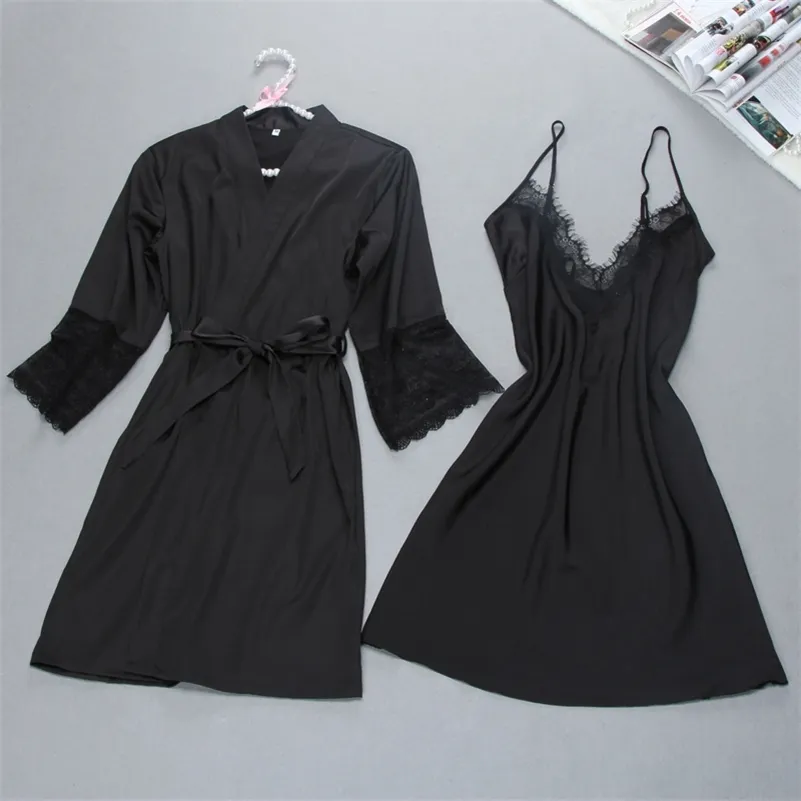 Marque sexy femmes robe robe ensembles twinest peignoir + mini robe de nuit deux pièces vêtements de nuit femmes sommeil ensemble fausse soie 210518