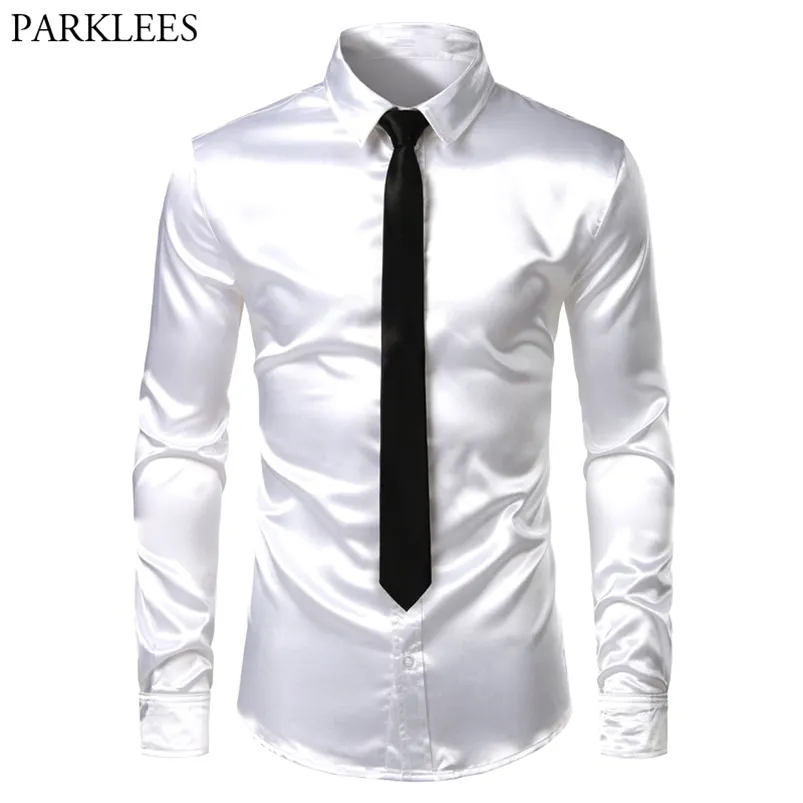 Men's 2 Pieces (Shirt+Tie) White Silk Satin Dress Shirts Slim Fit Long Sleeve Button Down Shirt Male Wedding Party Prom Chemise 210721