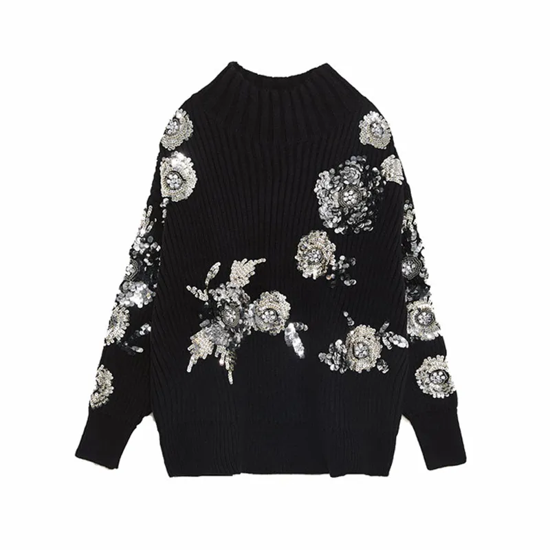 Knitted Tops Women Spring Loose Pullover Knitting Heavy Work Beads Flower Pattern Thick Warm Sweater QZ283 210510