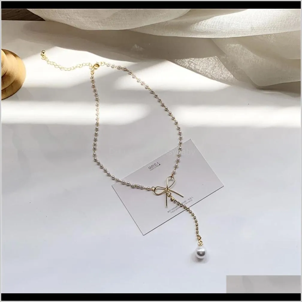 hot sell european and american fashion simplicity romantic bow and pearl pendant chain necklace sweet girl clavicle necklace