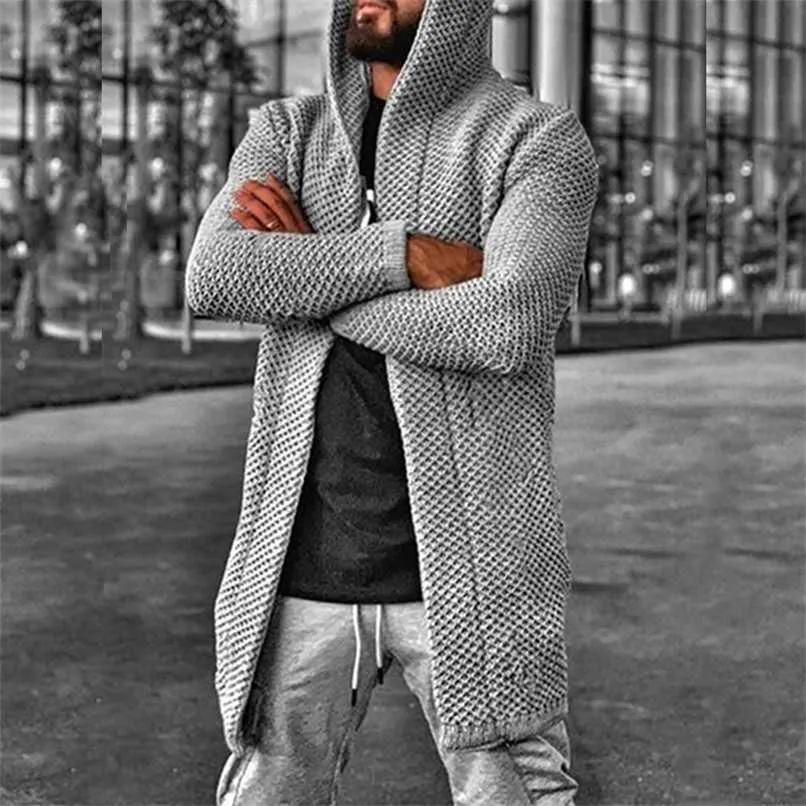 Sweater Cardigan Men Mid Length Hooded Cardigans Spring Autumn Mens Clothes Lightweight Knit Jacket Plus Size Sweaters Knitwear 211221