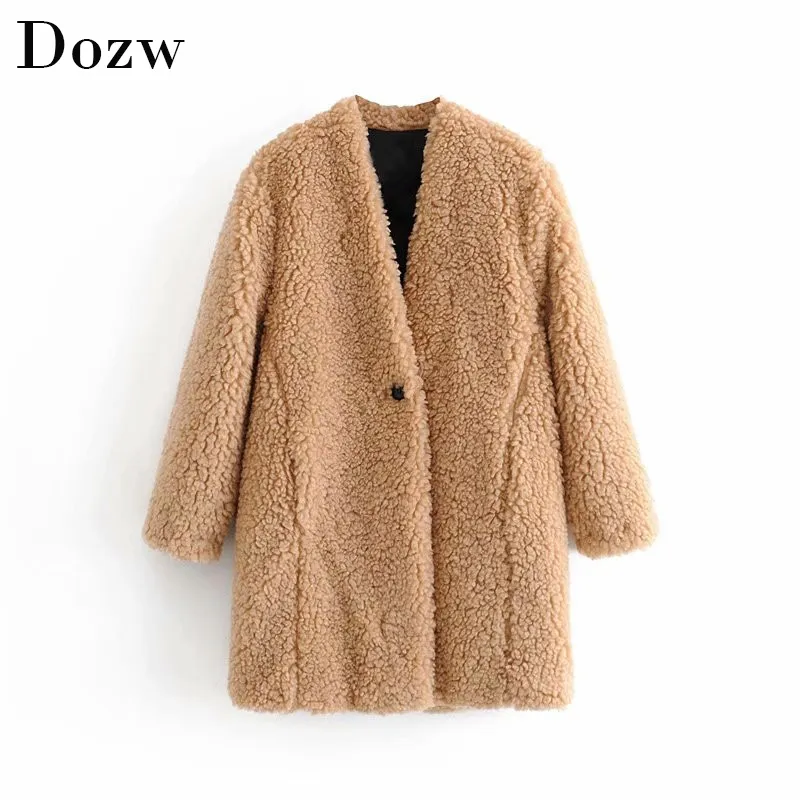 Warme solide Teddymantel Frauen Winter V-Ausschnitt mittlere Länge Mode Jacke Dame Langarm Lamm Pelzmäntel weibliche Oberbekleidung Veste Femme 210414