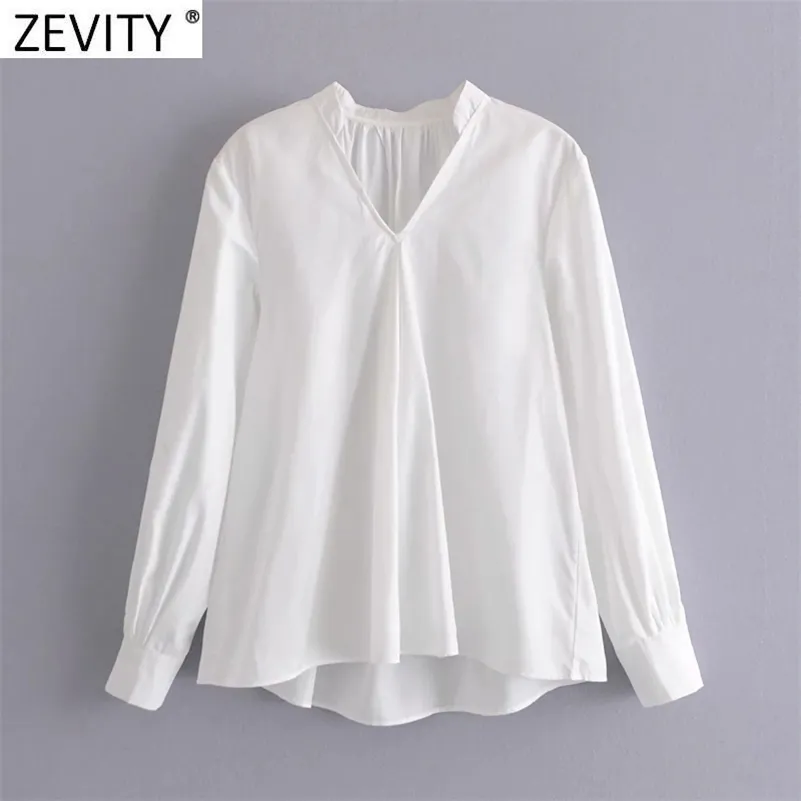 Kobiety Moda V Neck Solid Color Casual White Smock Koszula Office Lady Powrót Pleat Bluzka Roupas Chic Femininas Topy LS7606 210416