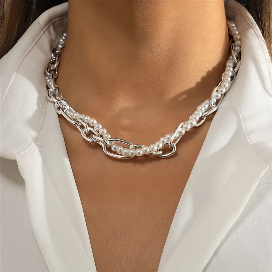 Haute qualité Imitation perle cubaine chaîne collier pour femmes Vintage noeud torsadé croix couleur or tour de cou bijoux