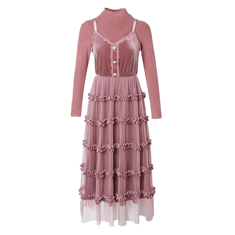 Women Pink Blue Set Dress Stand Collar Long Sleeve Top Velvet Mesh Sling Cascading Ruffle Evening Party D2181 210514
