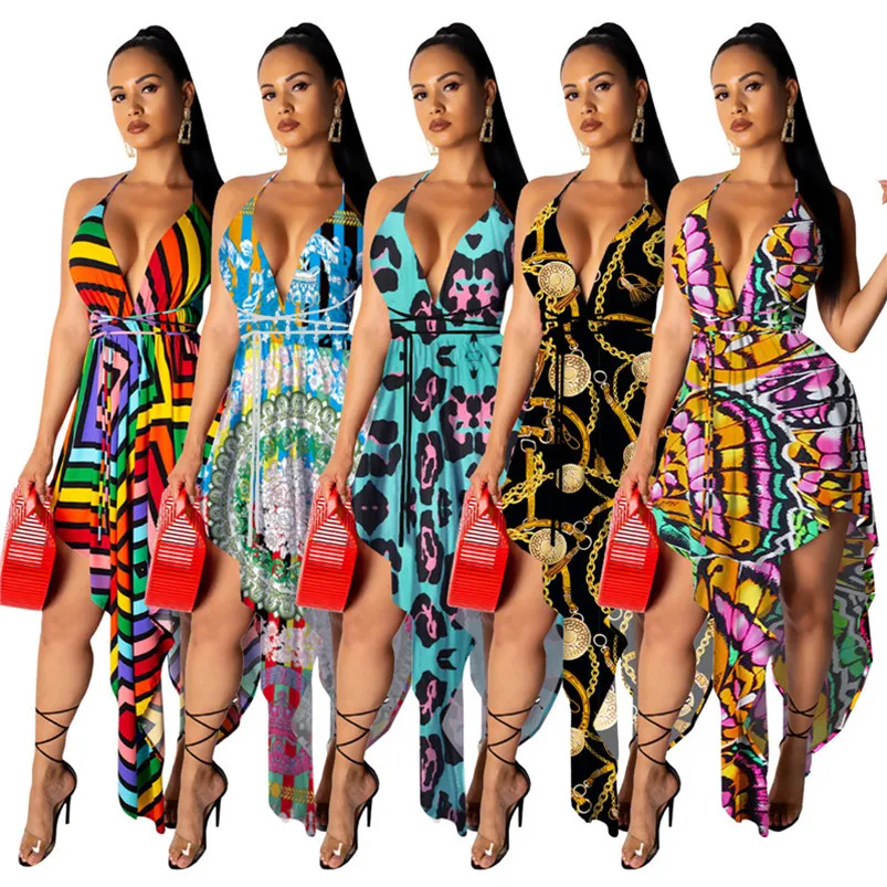 Damskie Seksowne Suknie V-Neck Nieregularna Sukienka One Piece Set Party Evening Clubdress Fashion Summer Print Kobiety Ubrania KLW6383