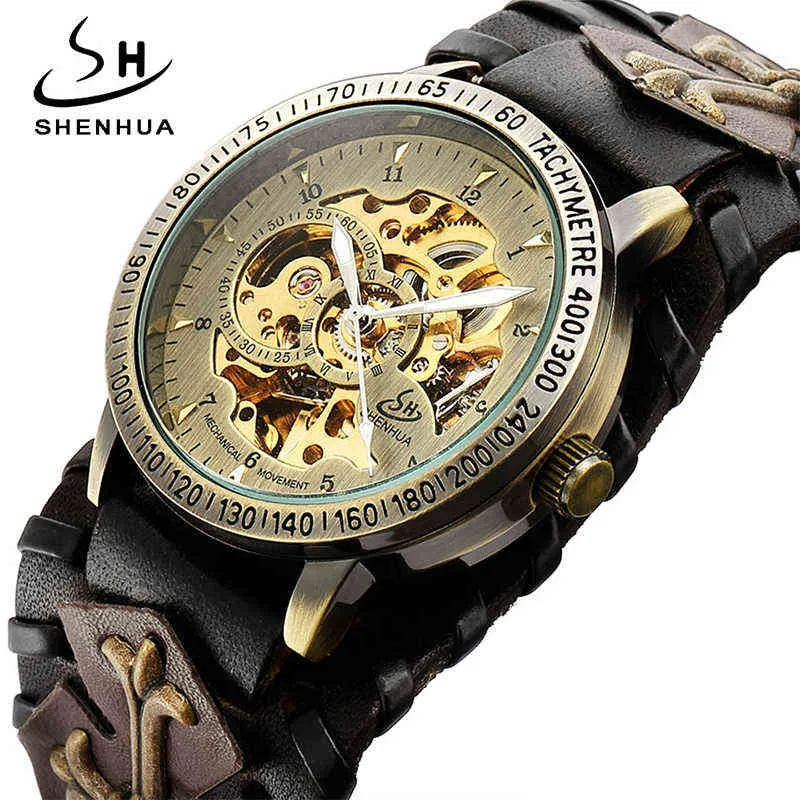 Shenhua Retro Gotycki Brązowy Szkielet Automatyczny Zegarek Mechaniczny Mężczyźni Steampunk Samo uzwojenia Zegar Tourbillon Watch Reloj Hombre Q0902