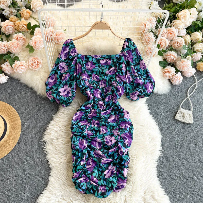 SINGREINY Women Korean Floral Dress Retro Square Collar Puff Sleeve Ruched Slim Pencil Dress Summer Boho Print Beach Short Dress 210419