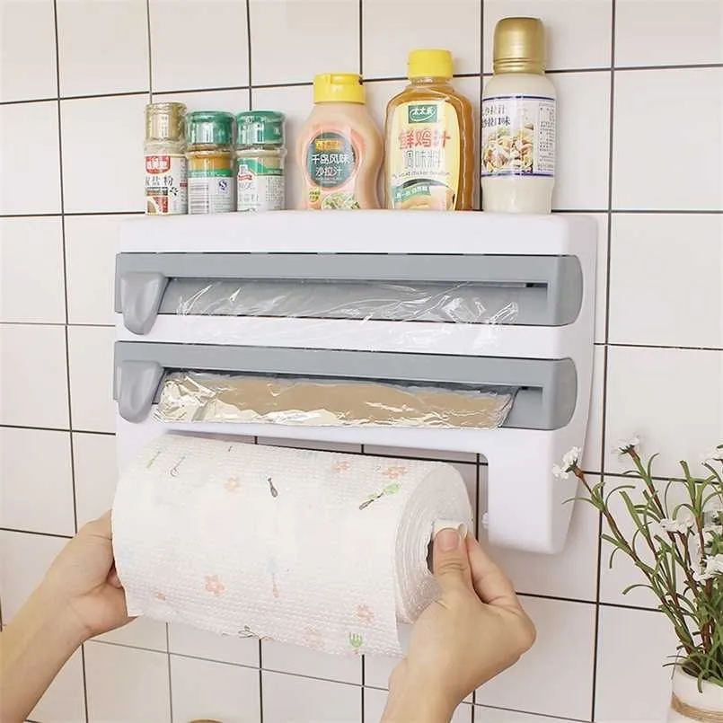 Kitchen Cling Film Cutting Holder Sauce Bottle Tin Foil Paper Storage Rack Towel Organizer 211112