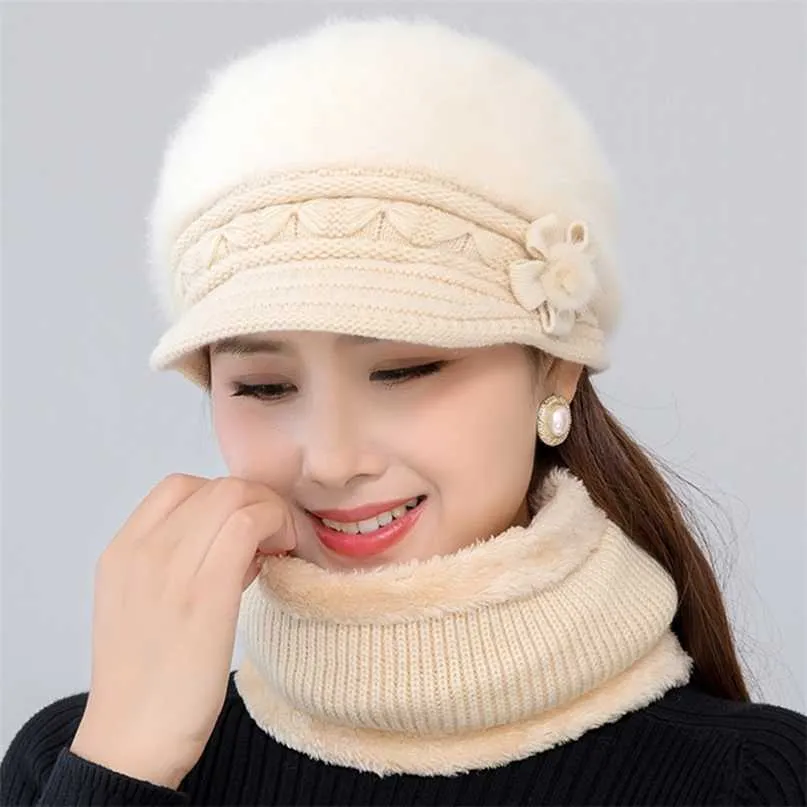 Cappello invernale da donna Mantieni caldo Berretto Aggiungi foderato in pelliccia e set di sciarpe s per coniglio casual femminile lavorato a maglia 211126