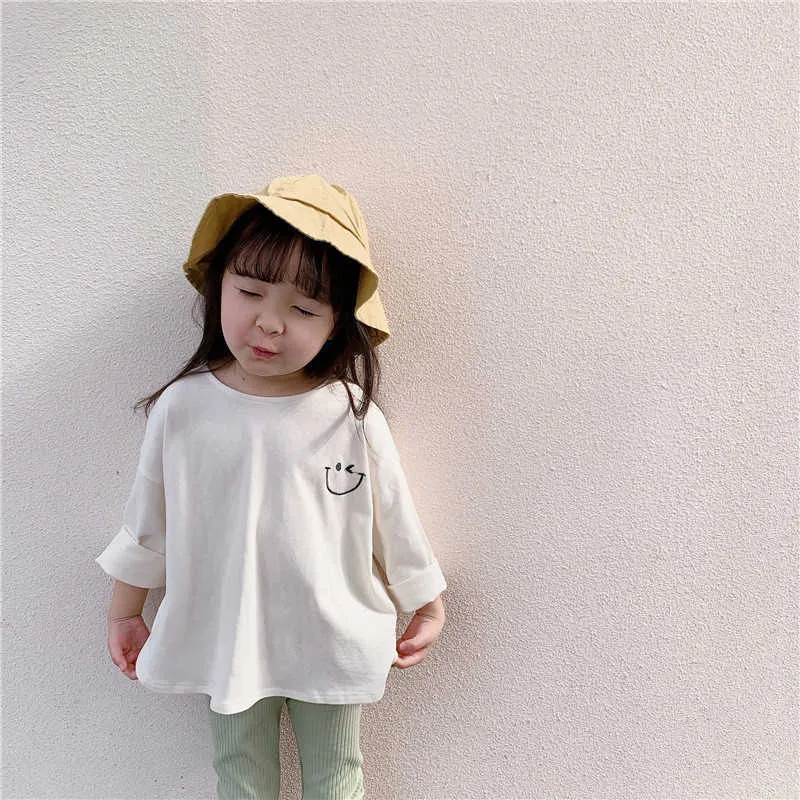Kids T shirts Cartoon Loose ees for Baby Girls Korean style Pure Cotton Casual Oversized 2 colors Children ops 210615