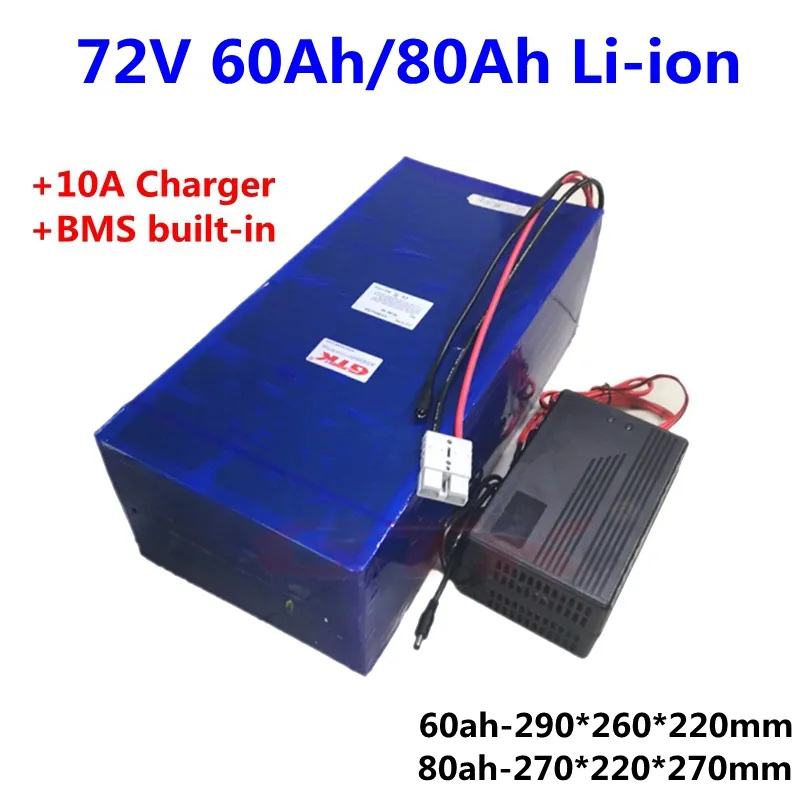 Batterie rechargeable 72V 60Ah 80Ah Lithium li ion avec BMS pour 4000W 5000W moto ebike scooter chariot de golf + chargeur 10A