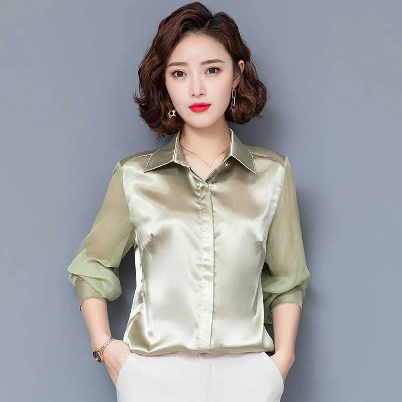 韓国のファッションシルク女性ブラウスサテンオフィスの女性のシャツとブラウスメッシュ長袖Blusas Largas Plusサイズピンクレディーストップ210531