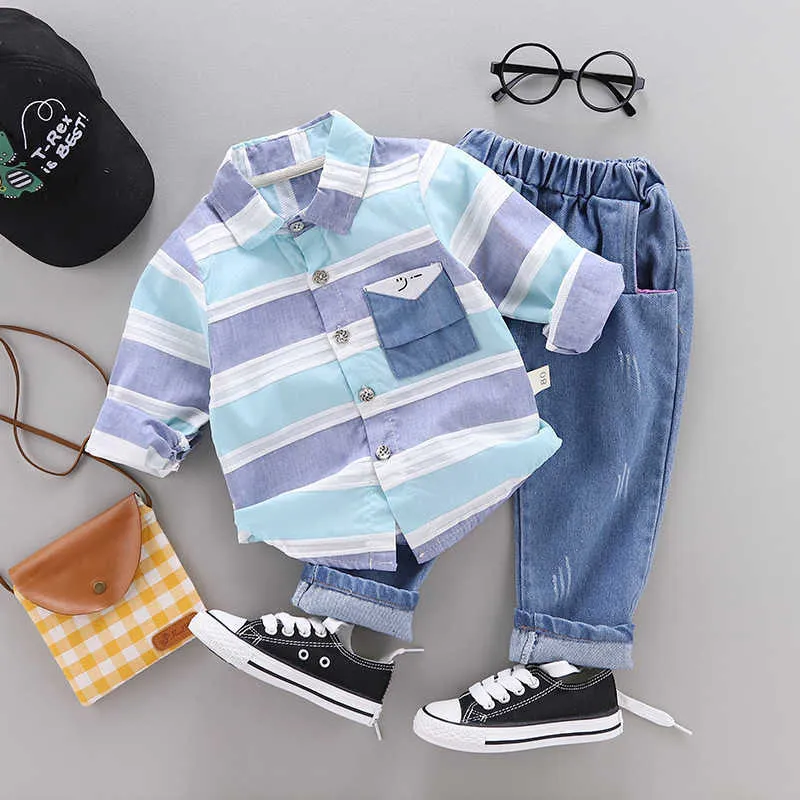 1 2 3 4 Years Kid Toddler Boy Fashion Suit Clothing Cotton Baby Spring Autumn Outwear Big Striped Shirt with Jeans Children Kits X0802