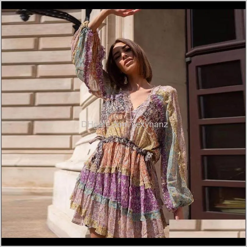 gedivoen autumn fashion runway short dress women lantern sleeve multicolor print patchwork ruffles asymmetrical mini dresses