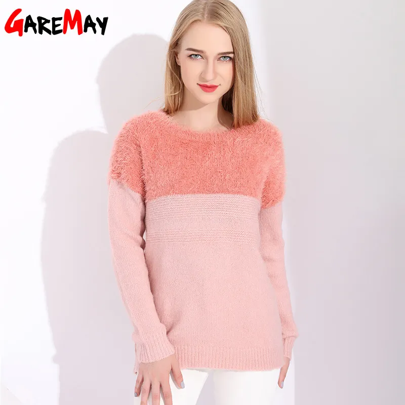 Mohair Loose Patchwork Sweater Women Christmas Ladies Pink Women's Knitted s Pullovers Spring Female 210428