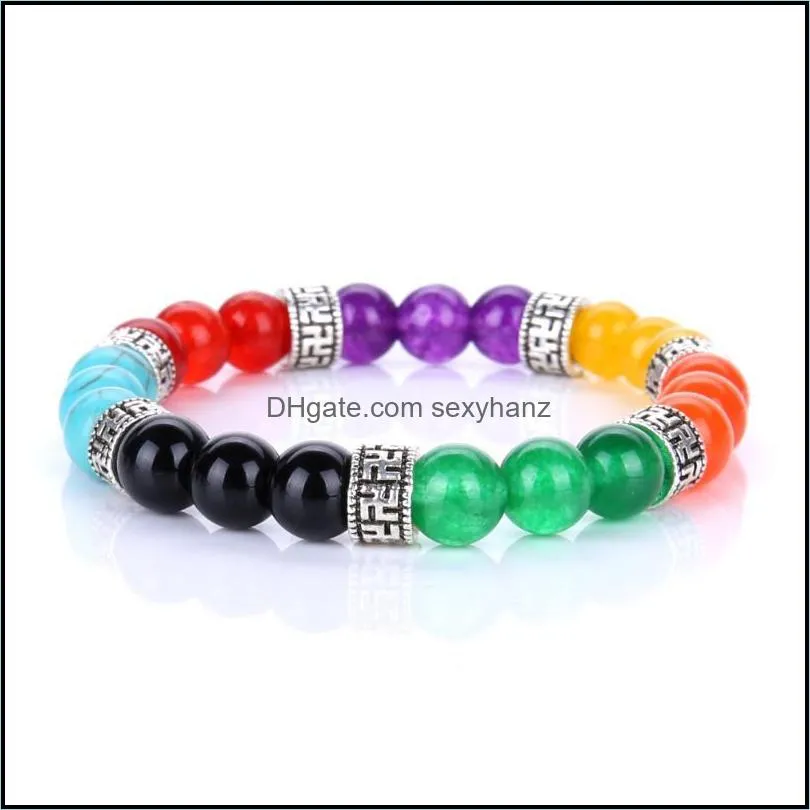 Bracelets à brins pierre naturelle sept chakras brin 8 mm violet rouge jaune noir couleur arc-en-ciel perles bracelet bouddha stretch yoga homme bijou