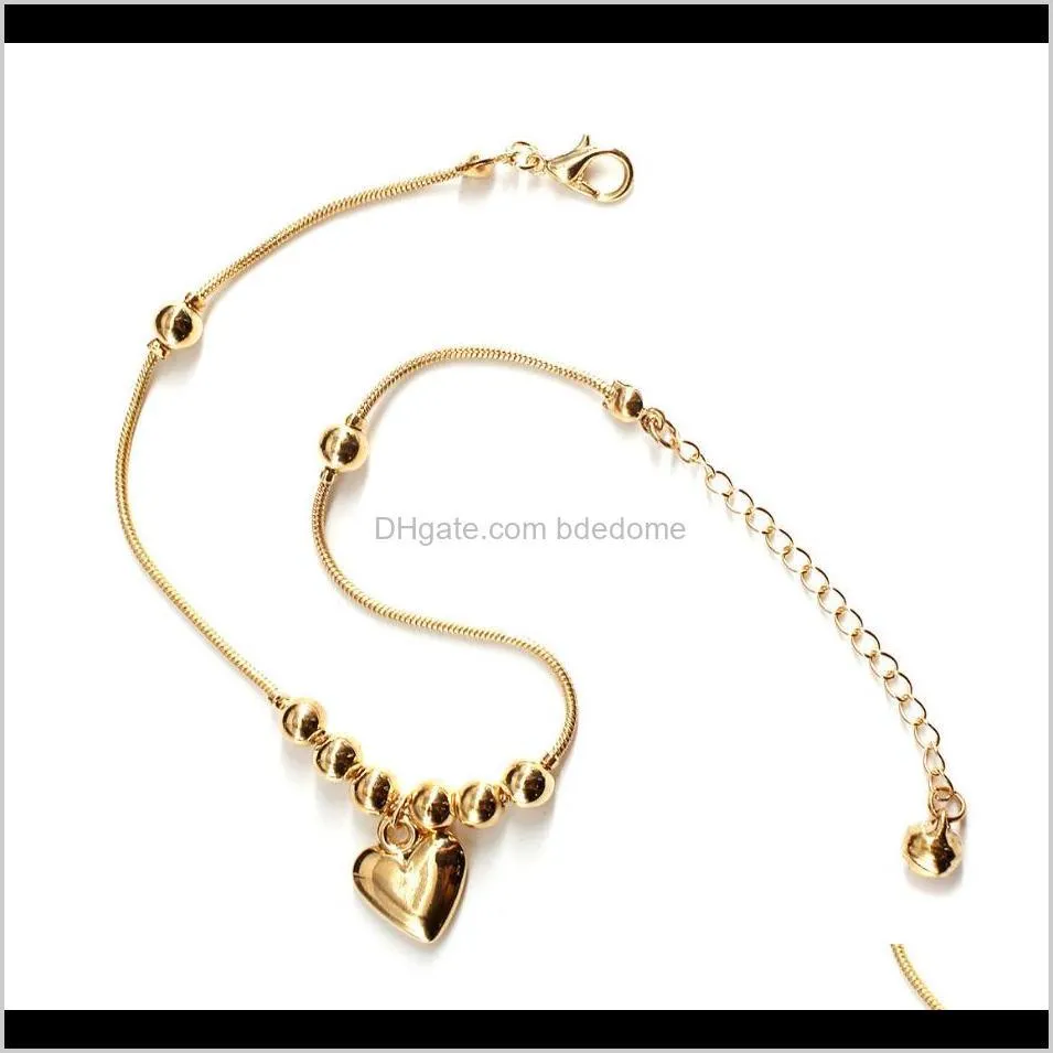 fashiion anklet alloy heart pendant bead charm gold silver color plated with snake chain for women girls gift