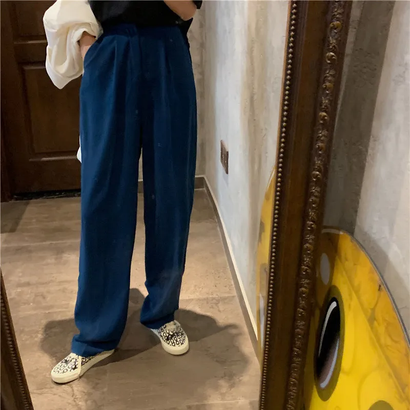 Peacock-blue Slim Straight Retro Large Size Sale Full Length High Waist OL Trousers Chic Solid All Match Pants 210421