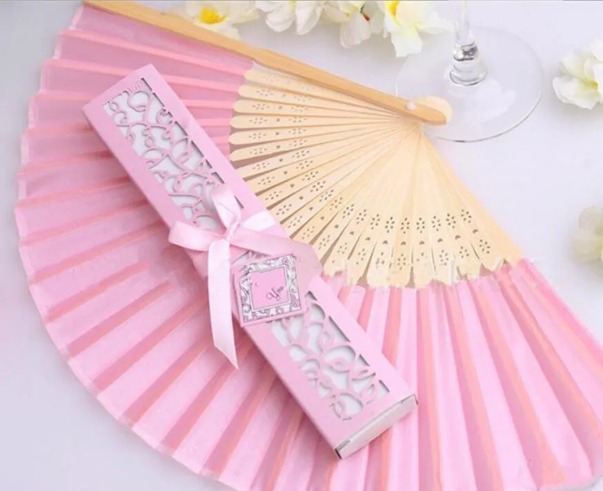 Personalized Luxurious Silk Fold hand favor gfit Fan in Elegant Laser-Cut Gift Box +Party Favors/wedding Gifts 100 pcs #362