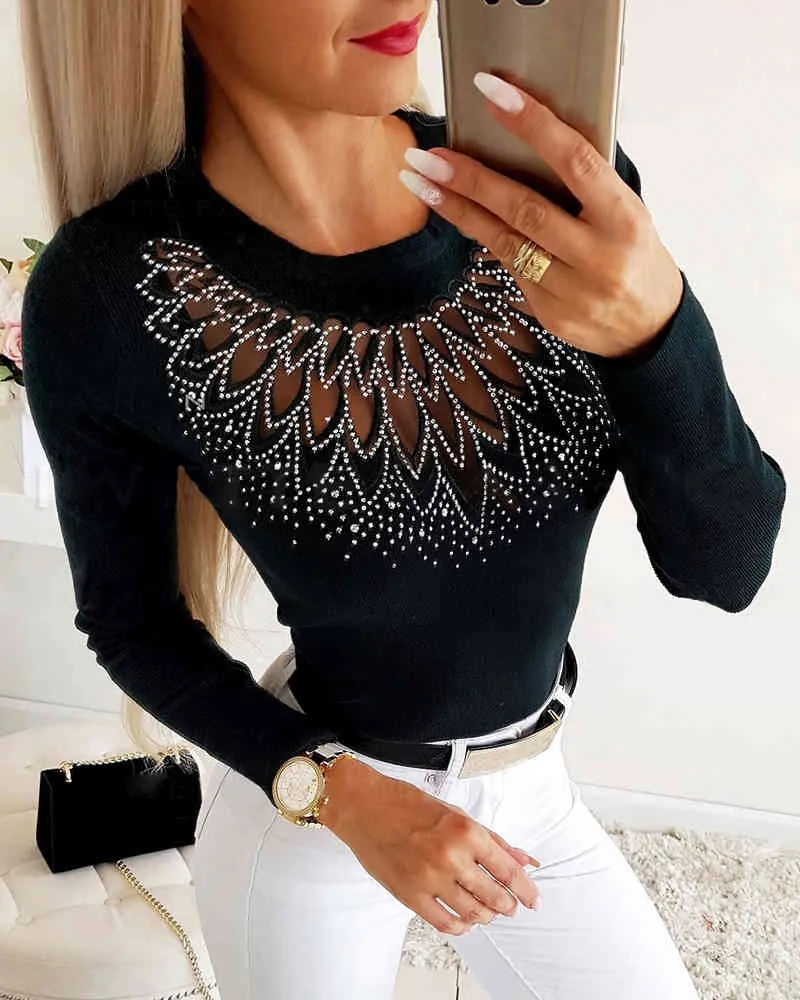 Ninimour Hot Stempelen Sheer Mesh Inslees Lange Mouw Blouse Patchwork Casual Basic Top Vrouwelijke Stijlvolle Shirt Kralen Detail Blouse 210415