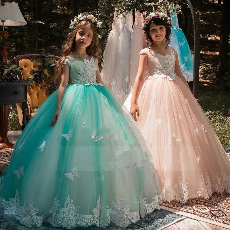 Girl's Dresses Pink/Green Flower Girl For Weddings Lace Ball Gown Sleeveless Butterfly First Communion Girls Vestido Longo